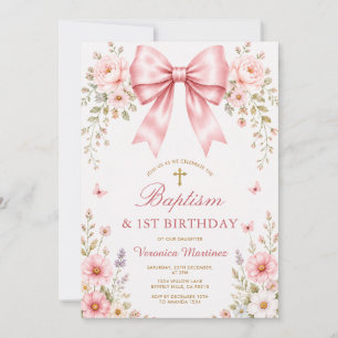 Blush Pink Floral Bow Baptism & First Birthday Invitation
