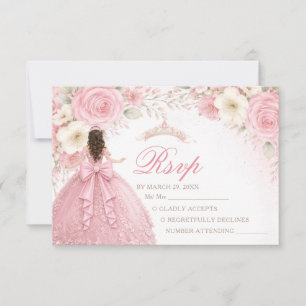 Blush Pink Floral Bow Girl Quinceañera RSVP Card