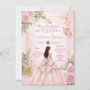 Blush Pink Floral Bow Gold Frame Butterfly Quince Invitation
