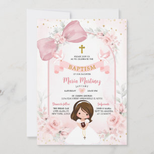 Blush Pink Floral Bow Little Girl Dove Baptism Invitation