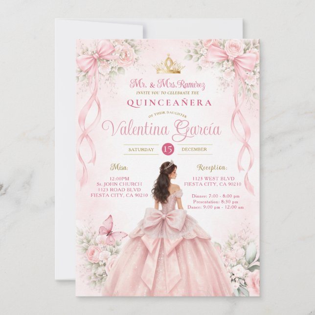 Blush Pink Floral Bow Ribbon Quinceañera Invitation (Front)