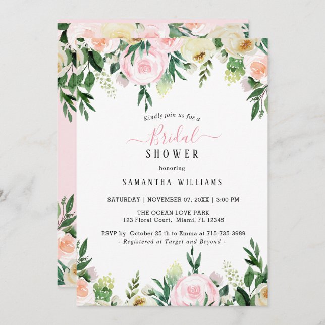 Blush Pink Floral Bridal Shower Invitation (Front/Back)