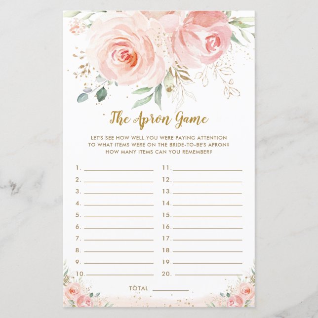 Blush Pink Floral Bridal Shower The Apron Game (Front)