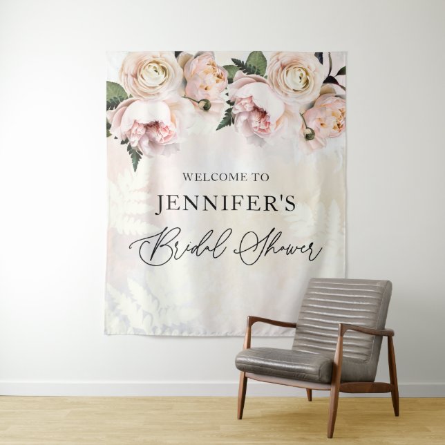 Blush Pink Floral Bridal Shower Welcome Backdrop Tapestry (In Situ)