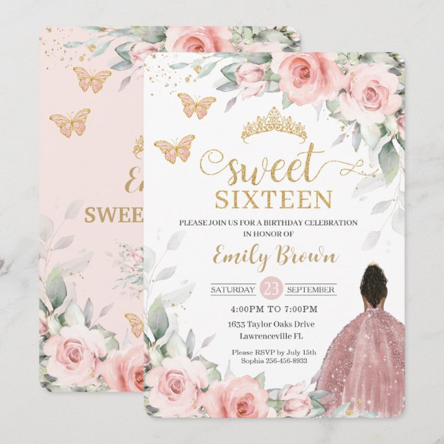 Blush Pink Floral Brown Princess Sweet Sixteen Invitation (Front/Back)