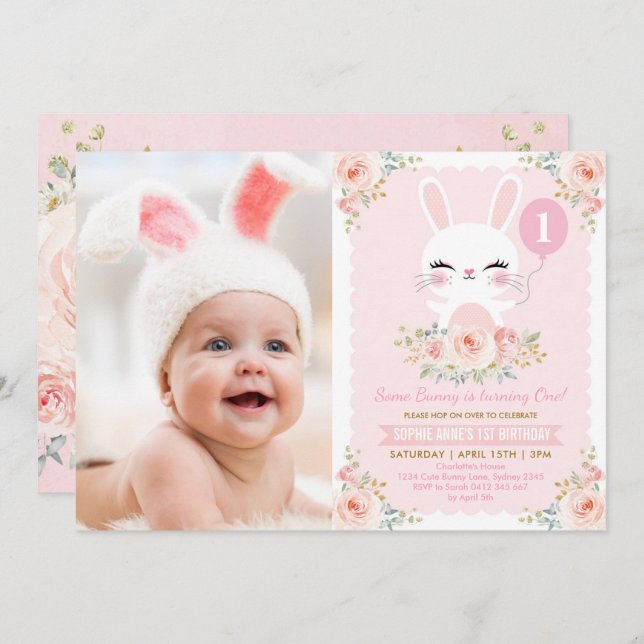 Blush Pink Floral Bunny Rabbit 1st Birthday Party Invitation (Front/Back)