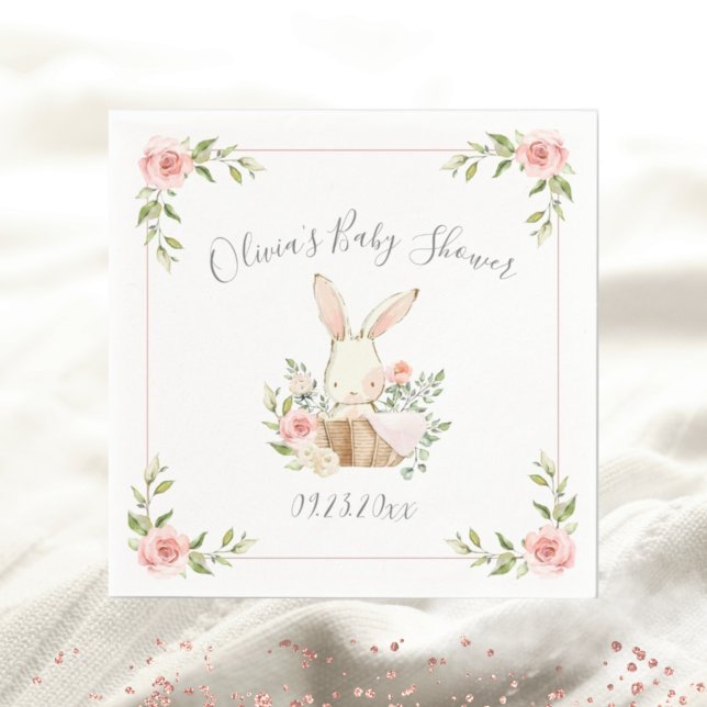 Blush Pink Floral Bunny Rabbit Baby Shower Napkin (Creator Uploaded)