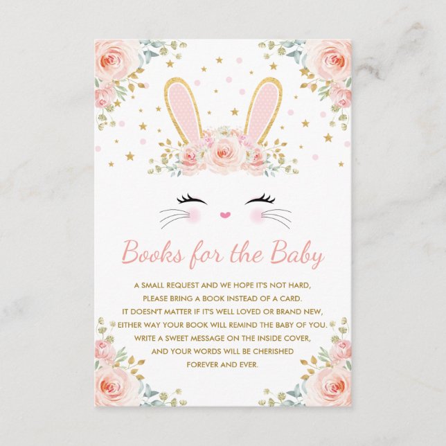 Blush Pink Floral Bunny Rabbit Books for Baby Girl Enclosure Card (Front)