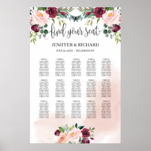 Blush pink floral burgundy greenery seating chart
