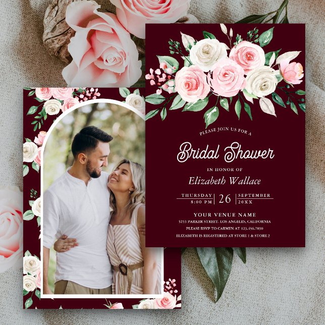 Blush Pink Floral Burgundy Photo Bridal Shower Invitation (Creator Uploaded)
