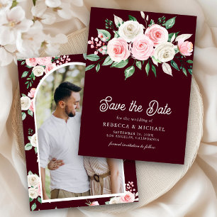 Blush Pink Floral Burgundy Photo Wedding Save The Date