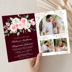 Blush Pink Floral Burgundy QR Code Wedding Invitation