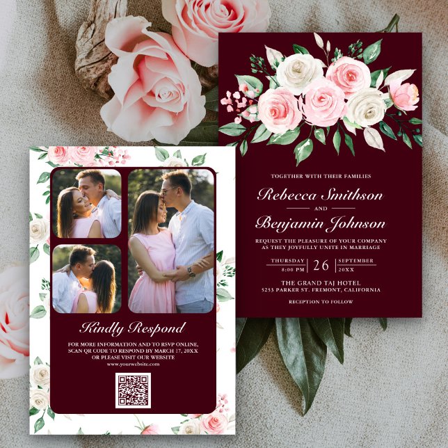 Blush Pink Floral Burgundy QR Code Wedding Invitation (Creator Uploaded)
