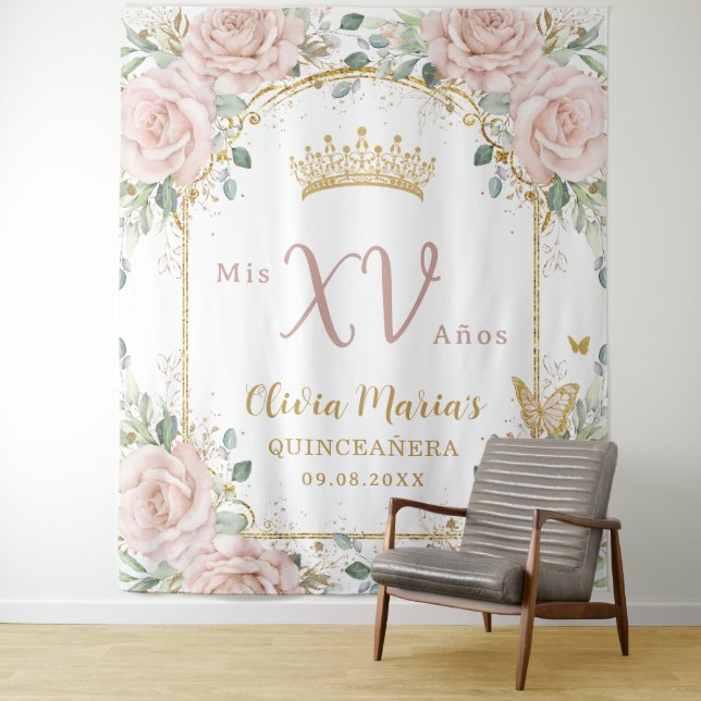 Blush Pink Floral Butterflies Gold Quinceañera Tapestry (In Situ)