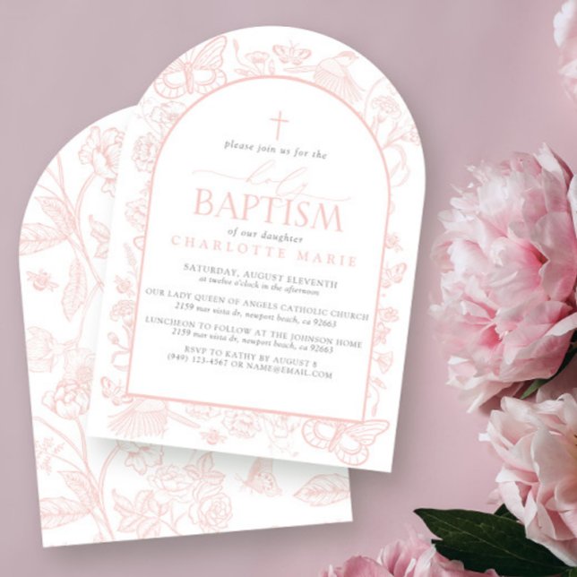 Blush Pink Floral Butterflies Holy Baptism Cross Invitation (Creator Uploaded)
