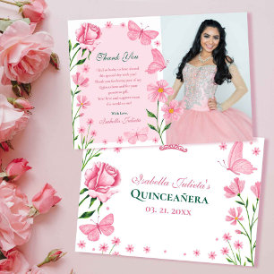 Blush Pink Floral Butterflies Photo Quinceañera Thank You Card