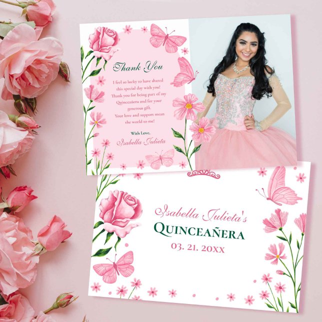 Blush Pink Floral Butterflies Photo Quinceañera Thank You Card (Blush Pink Floral Butterflies Photo Quinceañera Thank You Card)