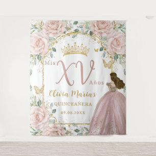 Blush Pink Floral Butterflies Princess Quinceañera Tapestry