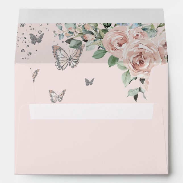 Blush Pink Floral Butterflies Quinceañera Birthday Envelope (Back (Bottom))