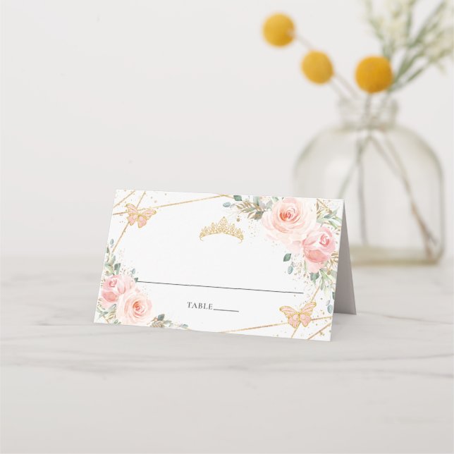Blush Pink Floral Butterflies Quinceañera Birthday Place Card (Front)