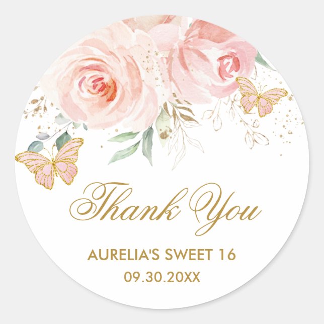 Blush Pink Floral Butterflies Quinceanera Sweet 16 Classic Round Sticker (Front)