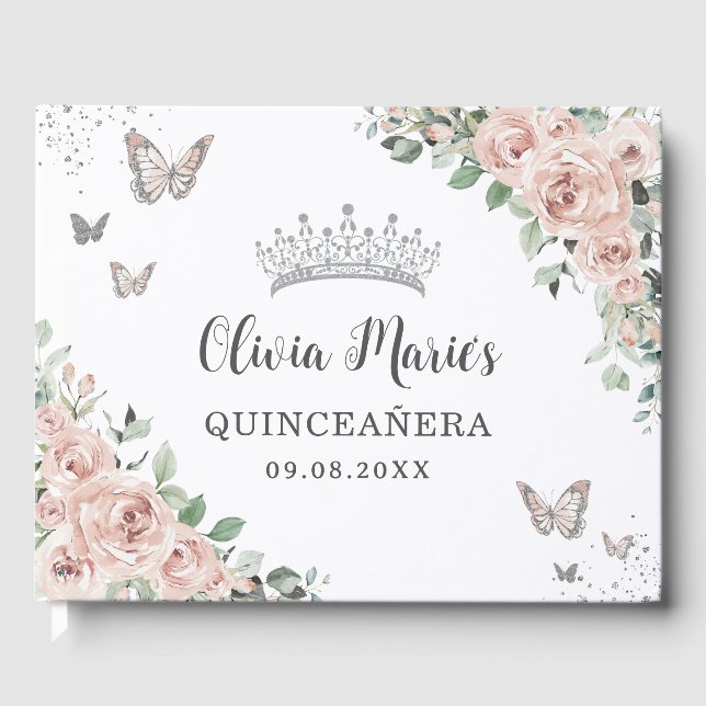 Blush Pink Floral Butterflies Silver Quinceañera Guest Book (Front)