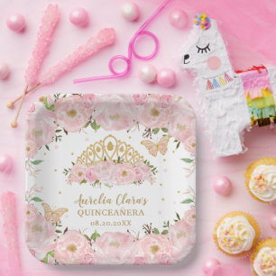 Blush Pink Floral Butterflies Tiara QUINCEAÑERA Paper Plate