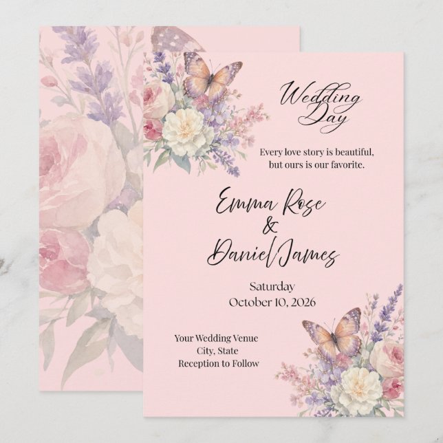 Blush Pink Floral Butterfly Wedding Invitation (Front/Back)