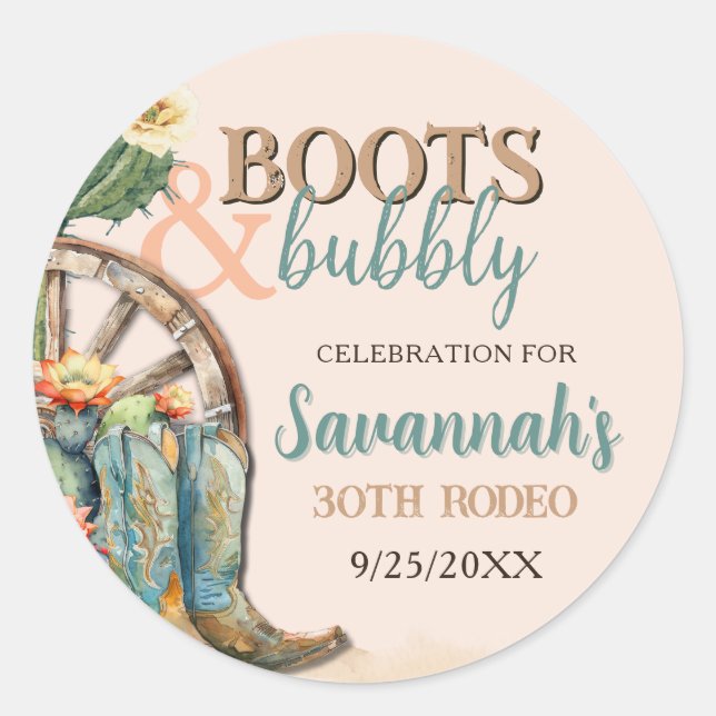 Blush Pink Floral Cactus Boots and Bubbly Favours Classic Round Sticker (Front)