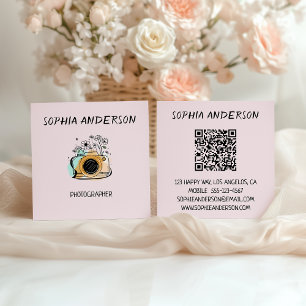 Blush Pink Floral Camera Photographer with QR Code Square Business Card