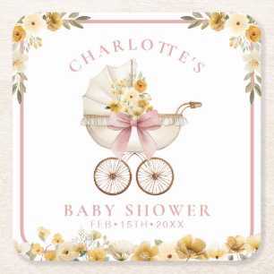 Blush Pink Floral Carriage Baby Shower Coaster