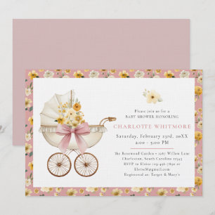 Blush Pink Floral Carriage Baby Shower Invitation