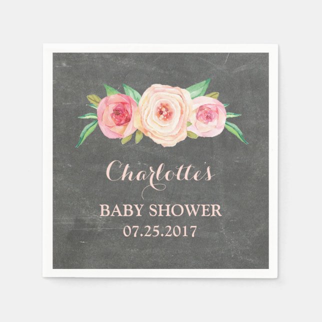 Blush Pink Floral Chalkboard Baby Shower Napkin (Front)