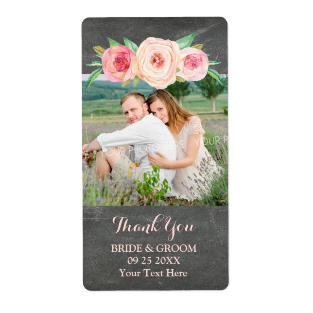 Blush Pink Floral Chalkboard Photo Wedding Label (Front)