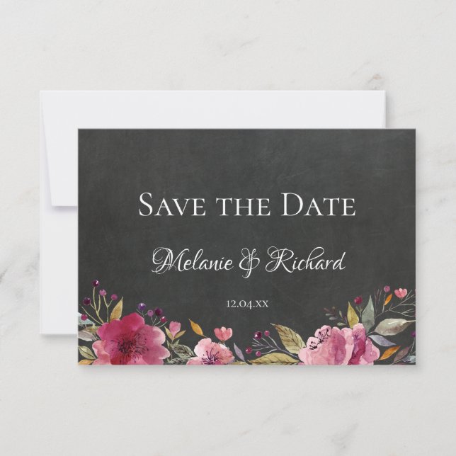 Blush Pink Floral Chalkboard Save the Date Card (Front)