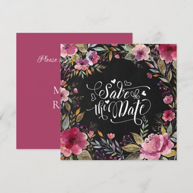 Blush Pink Floral Chalkboard Save the Date Card (Front/Back)