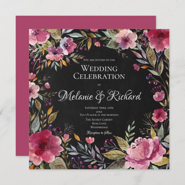 Blush Pink Floral Chalkboard Wedding Invitation (Front/Back)