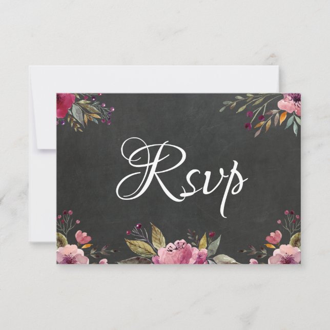Blush Pink Floral Chalkboard Wedding RSVP Card (Front)