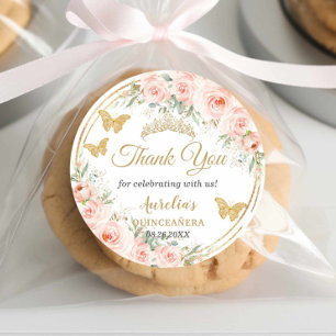 Blush Pink Floral Champagne Gold Butterflies Favor Classic Round Sticker