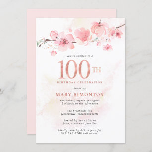 Blush Pink Floral Cherry Blossom 100th Birthday Invitation