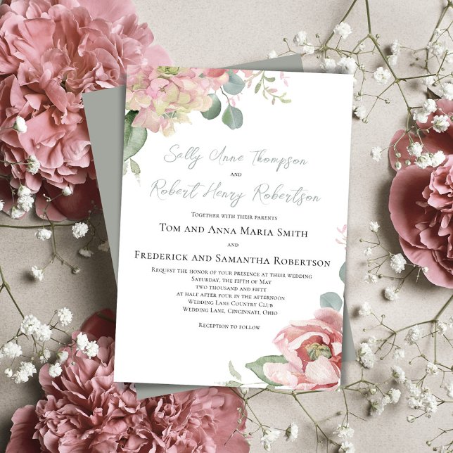 Blush Pink Floral Classic Wedding Invitation (Floral watercolor blush pink roses wedding invitations. )