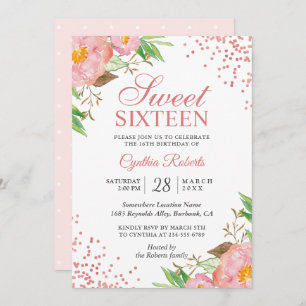 Blush Pink Floral Confetti Sweet 16 Birthday Party Invitation