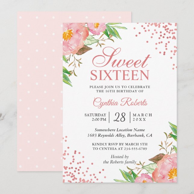 Blush Pink Floral Confetti Sweet 16 Birthday Party Invitation (Front/Back)