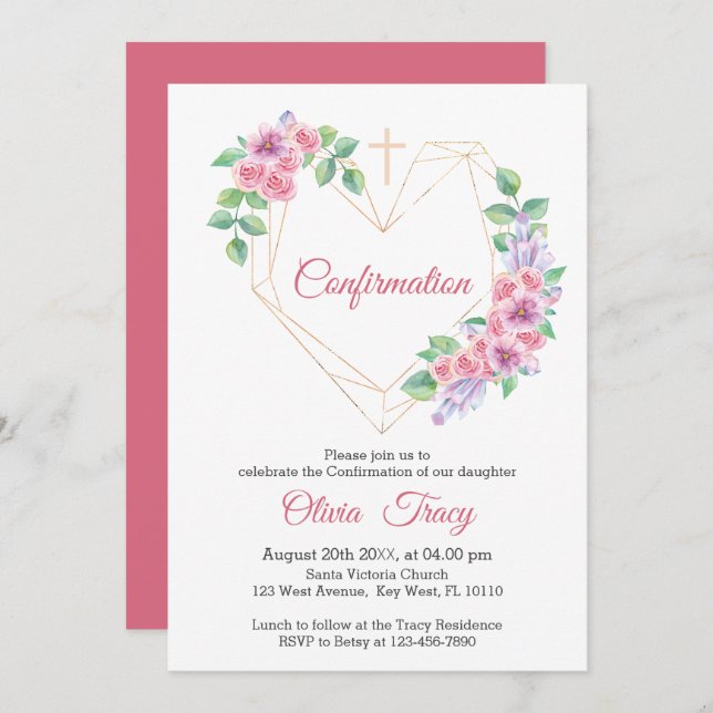 Blush Pink Floral Confirmation With Gold Heart Invitation (Front/Back)