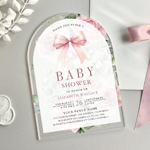  Blush Pink Floral Coquette Bow Arch Baby Shower Acrylic Invitations