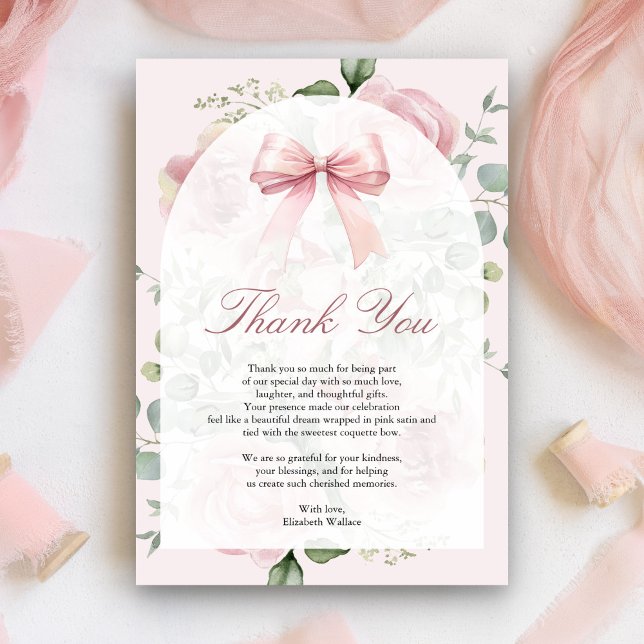  Blush Pink Floral Coquette Bow Arch Baby Shower Thank You Card (Creator Uploaded)