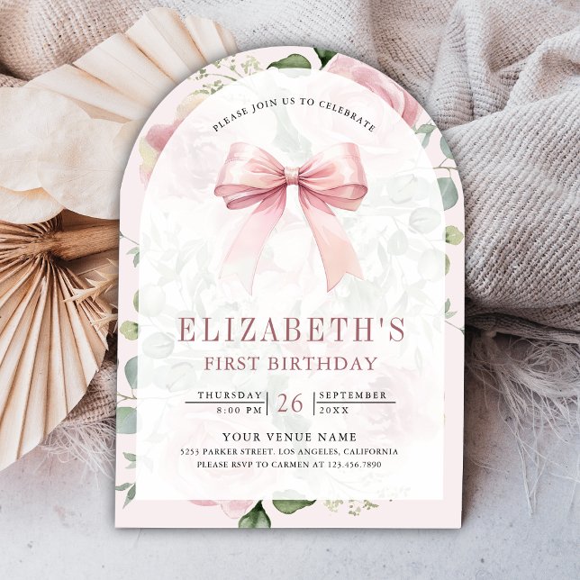 Blush Pink Floral Coquette Bow Arch First Birthday Invitation (Creator Uploaded)