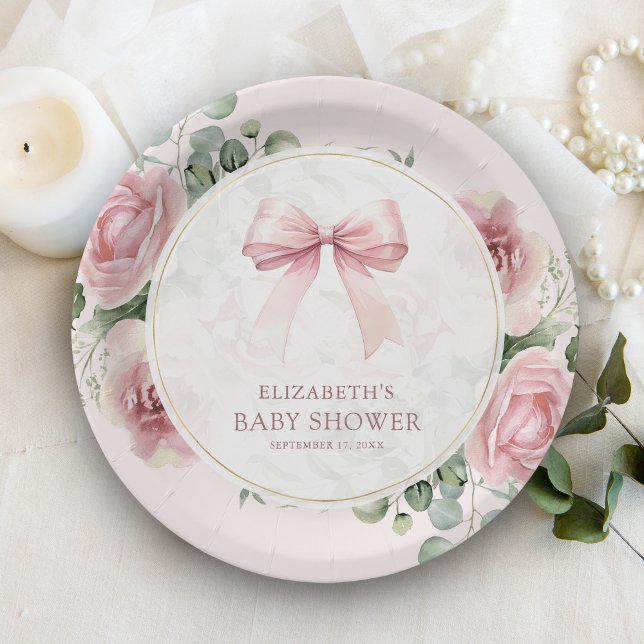  Blush Pink Floral Coquette Bow Baby Shower Paper Plate (Creator Uploaded)