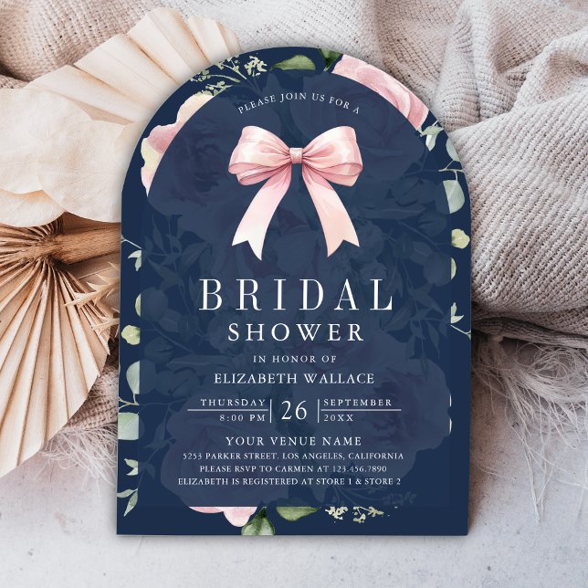  Blush Pink Floral Coquette Bow Navy Bridal Shower Invitation (Creator Uploaded)