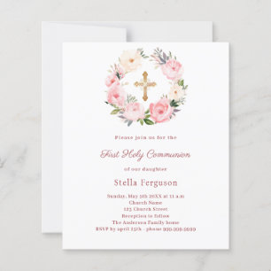 Blush pink floral cross First Communion invitation